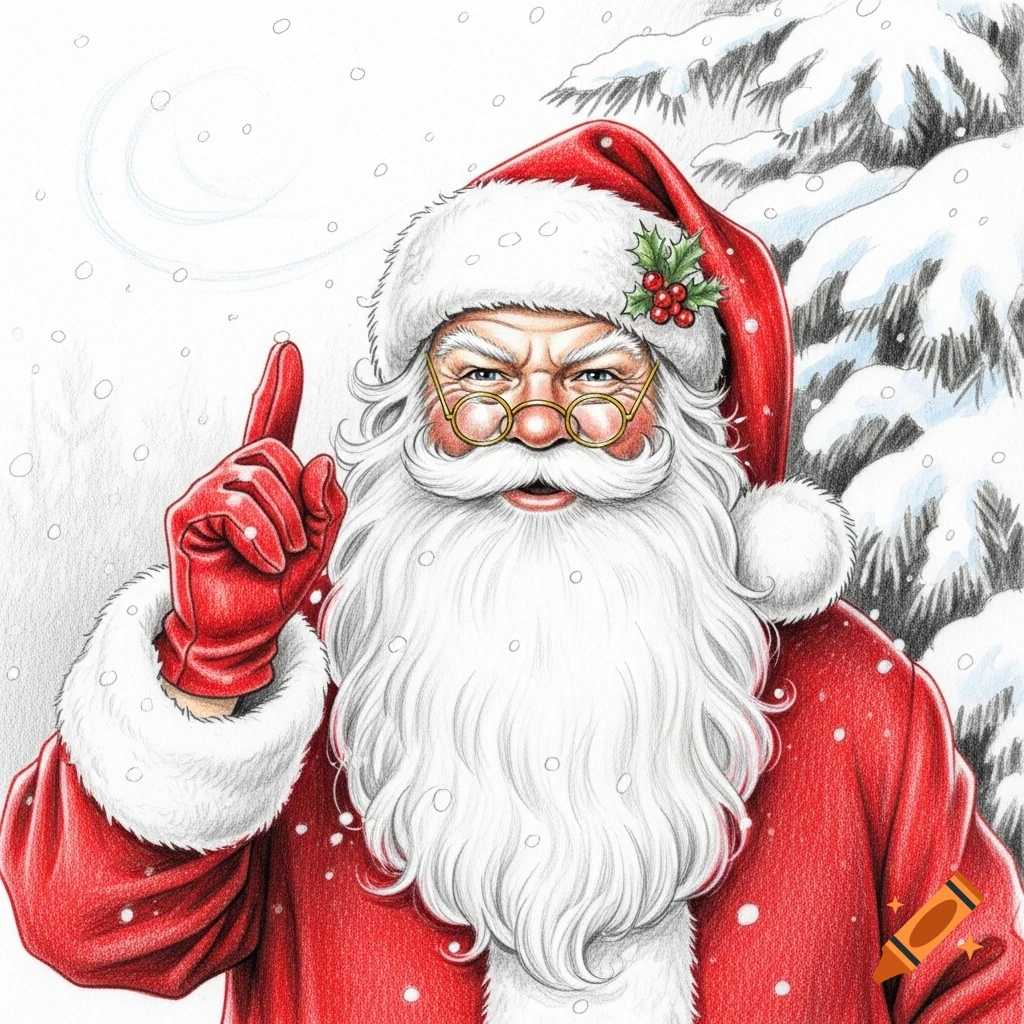 Sketch illustration of Santa Claus in a snowy setting, raising his finger.