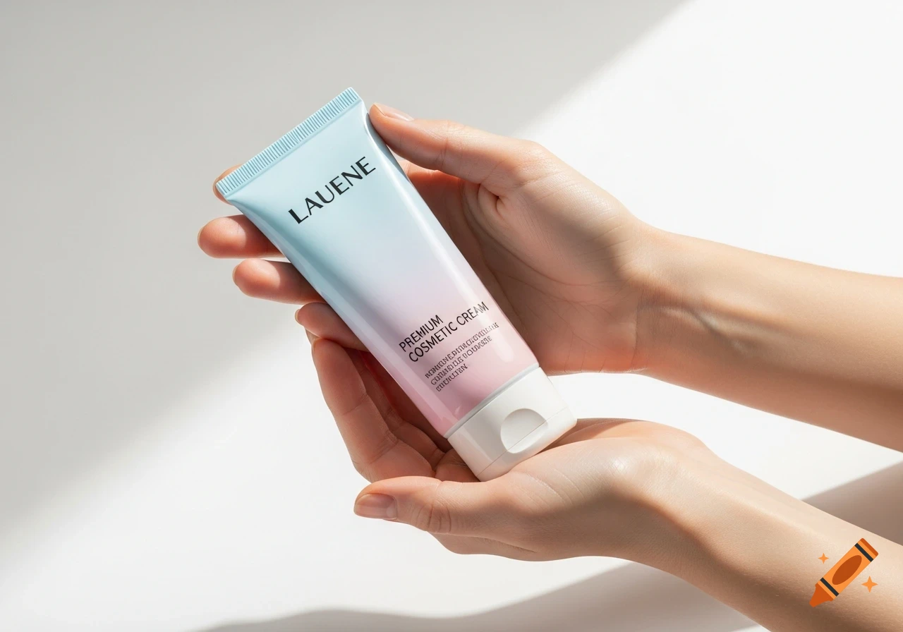 Two elegant hands gently hold a light blue-to-pink gradient cosmetic cream tube, with 'LAUENE' text, against a clean white background.