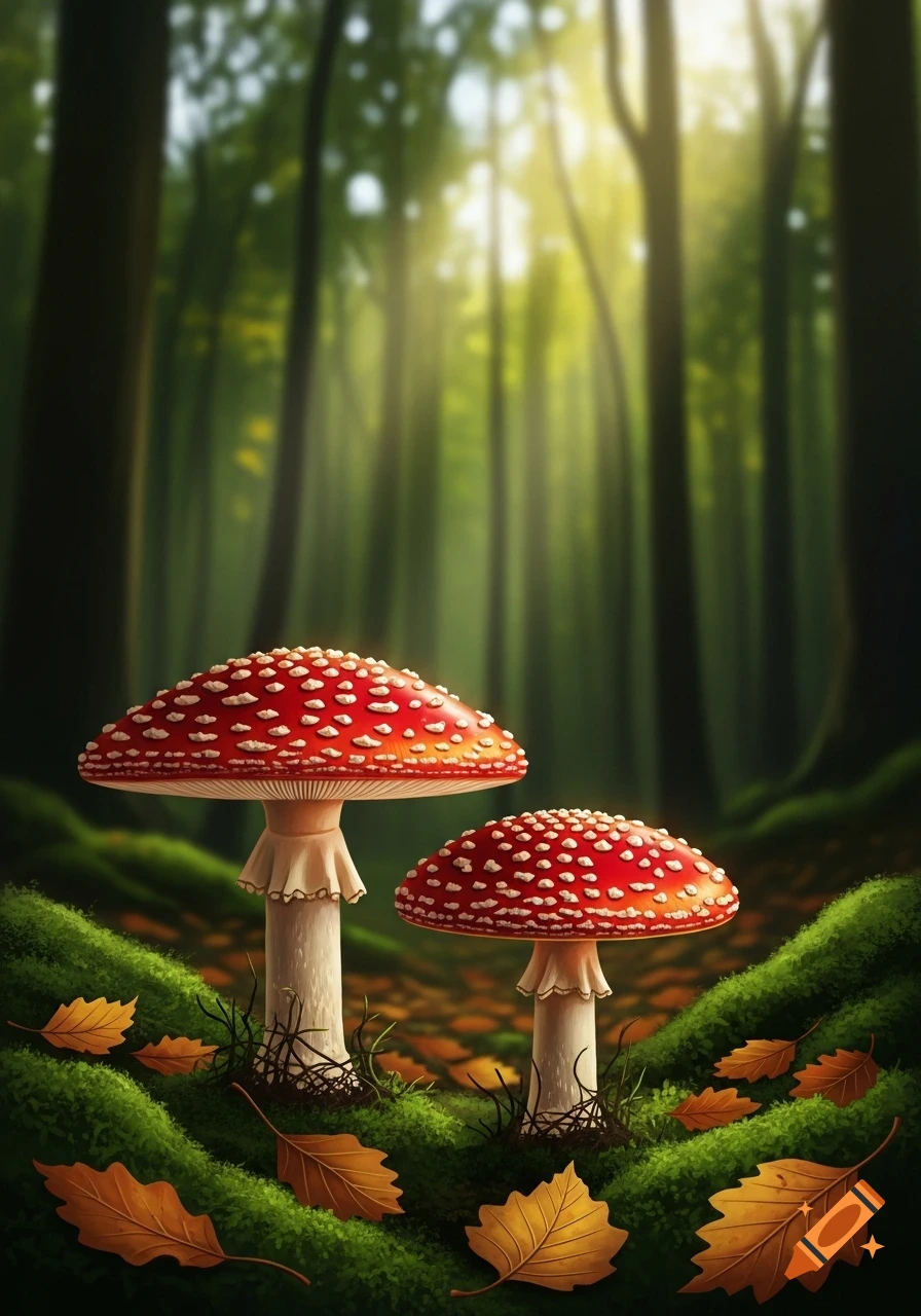 Two red and white fly agaric mushrooms on mossy ground with autumn leaves in a sunlit, blurry forest.