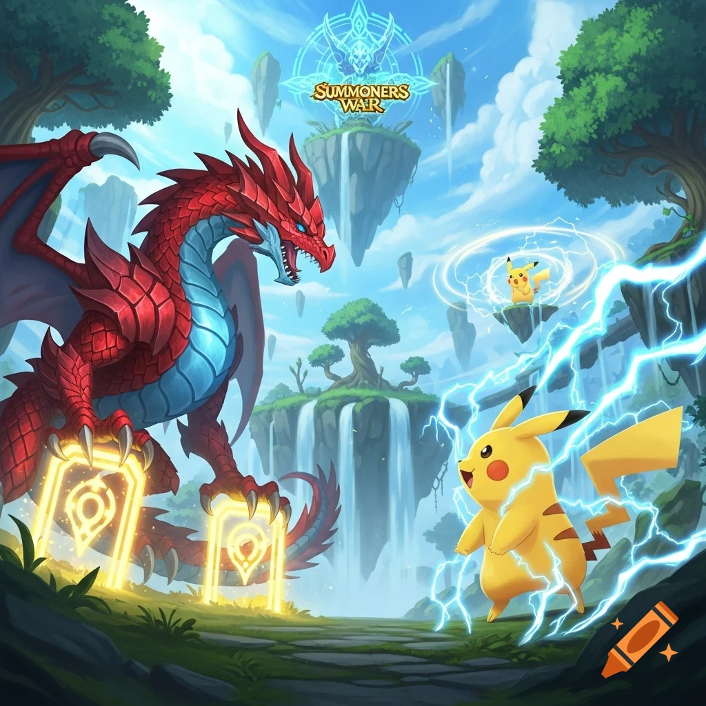 A red dragon and Pikachu face off in a fantastical landscape of floating islands and waterfalls, with 'Summoners War' logo.