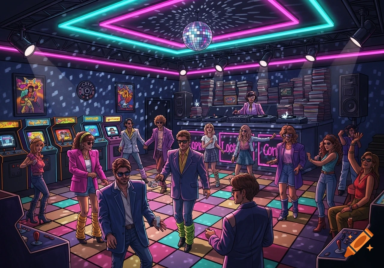 A vibrant 80s/90s retro party scene with people dancing on a light-up floor, playing arcade games, and a DJ booth with neon lights and a disco ball.