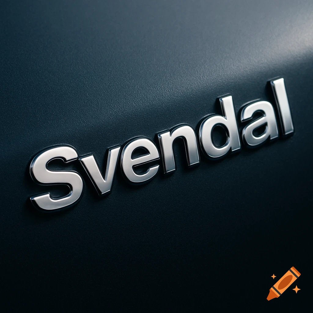 Photorealistic close-up of a metallic, silver 'Svendal' emblem on a dark, textured surface, angled slightly.
