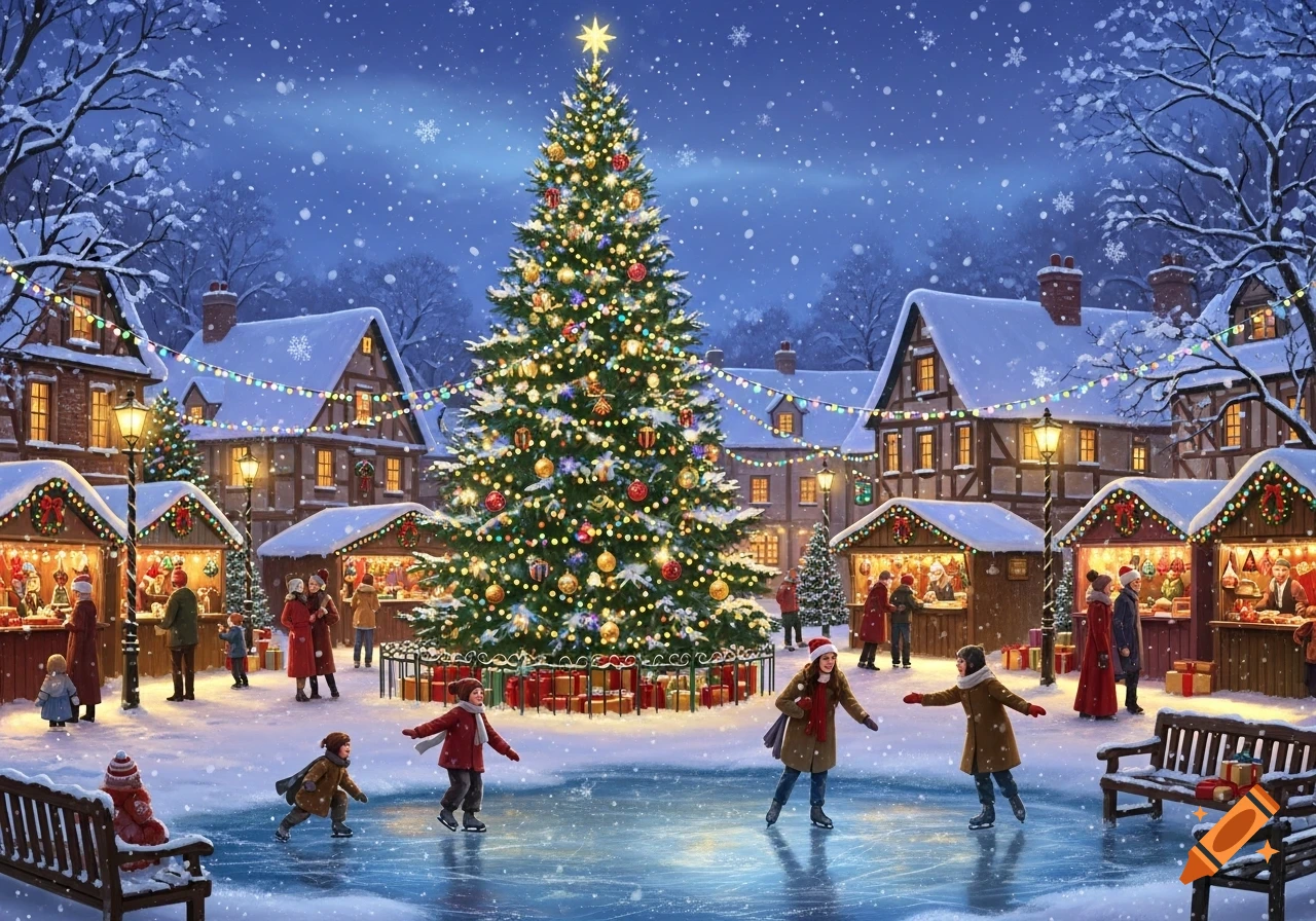 A festive winter landscape with a large decorated Christmas tree, people ice skating and shopping at snow-covered market stalls under falling snow.
