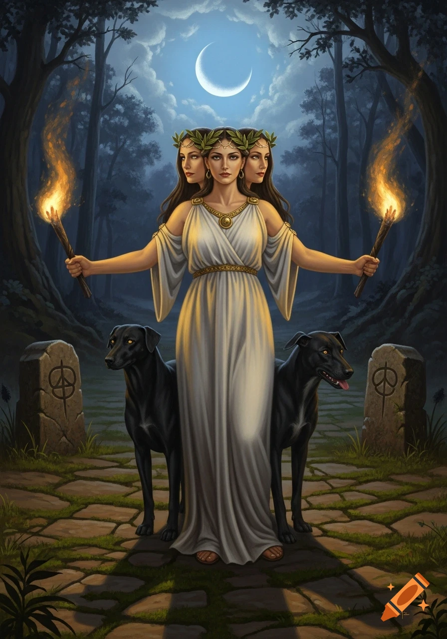 A mythological painting of the Greek goddess Hecate with three faces, holding two flaming torches, flanked by two black dogs, standing on a stone path in a dark forest under a crescent moon.