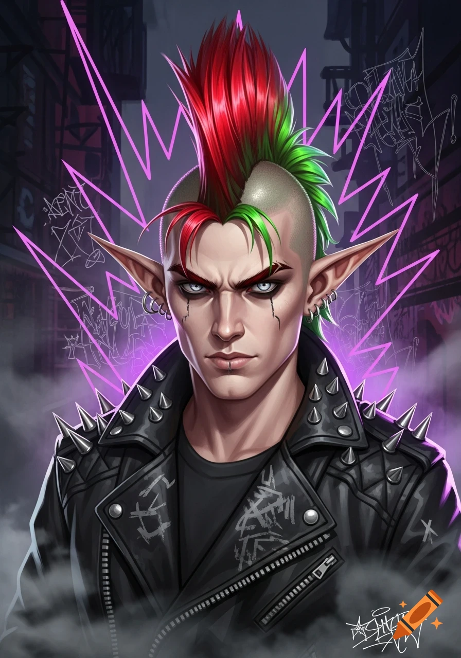A stylized portrait of a punk elf with a red and green mohawk, wearing a spiked black leather jacket, against a background of purple lightning and graffiti.