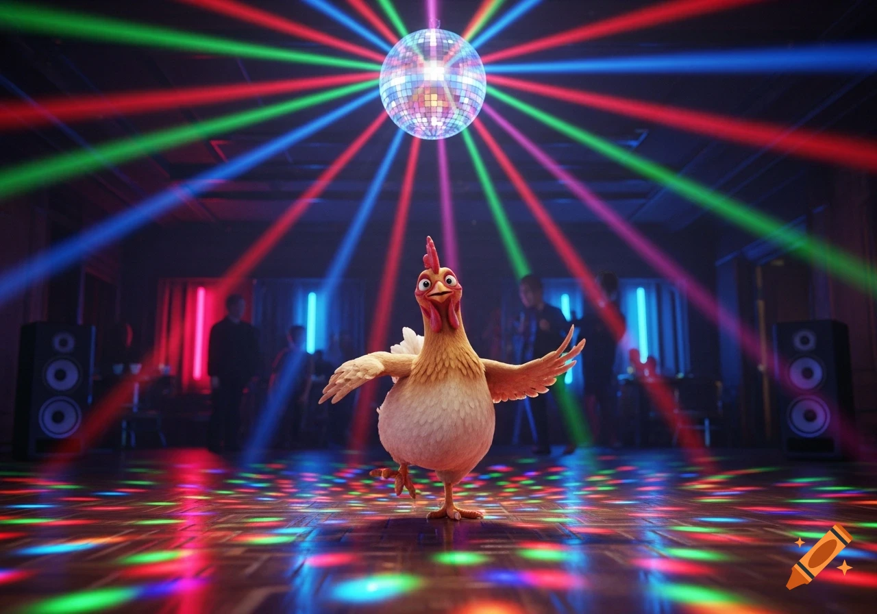 A cartoon chicken dances enthusiastically on a wooden floor, surrounded by colorful laser lights from a disco ball overhead in a dimly lit club.