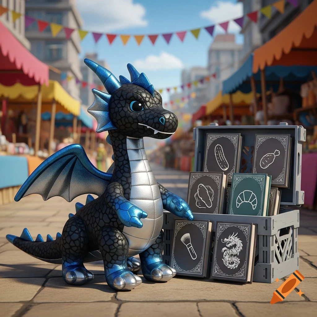 A stylized black, blue, and silver plushie dragon stands beside an open crate of magical books with food and item symbols at an outdoor market.