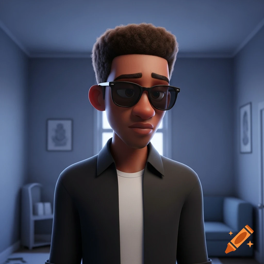 A melancholic 3D animated portrait of a young Black man with curly hair and sunglasses, wearing a black shirt in a dimly lit room.
