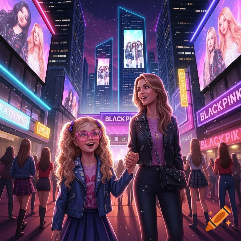 A cartoon mother and child hold hands, walking down a vibrant, neon-lit city street at night, with "BLACKPINK" billboards overhead.