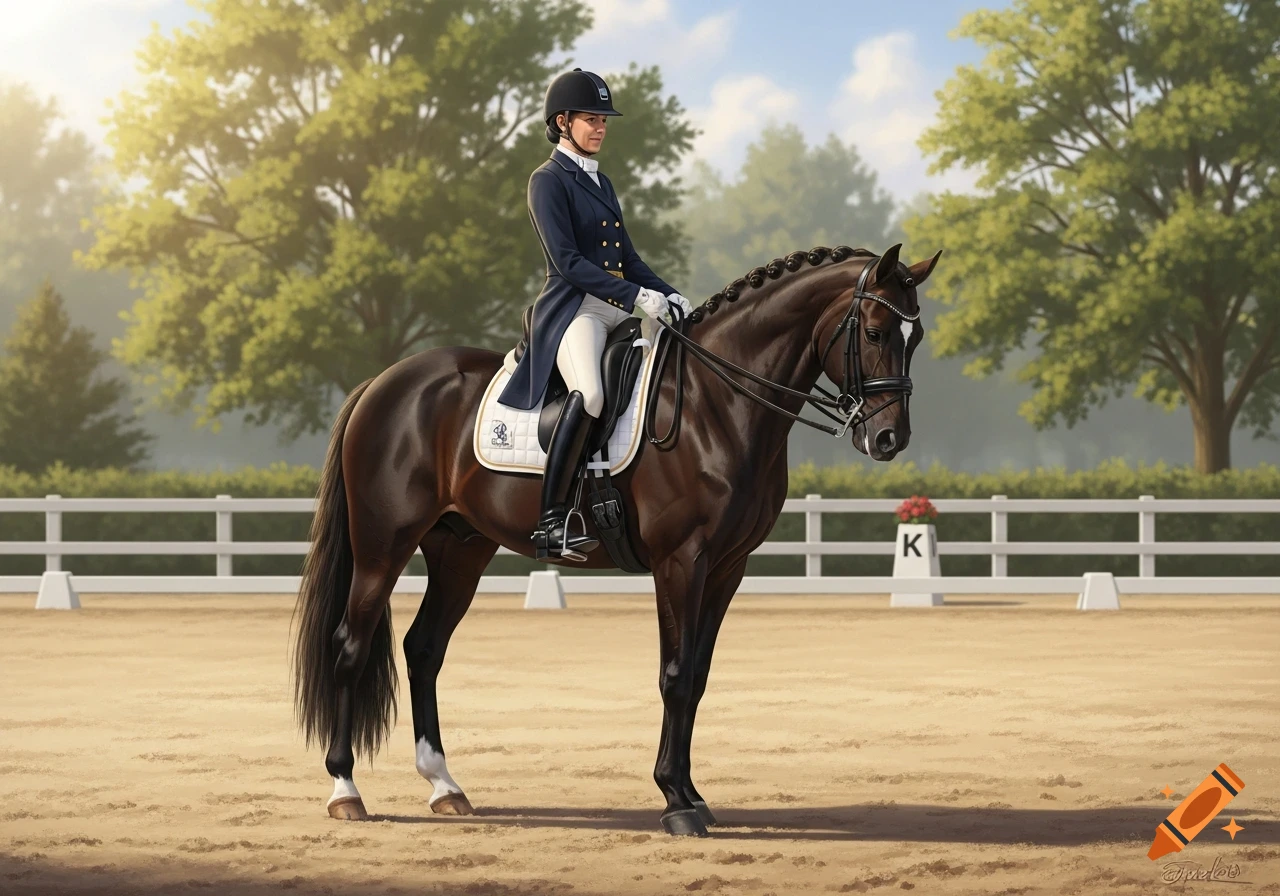 A photorealistic image of a female rider in a dark dressage coat and helmet on a dark brown horse in a sunlit outdoor arena.