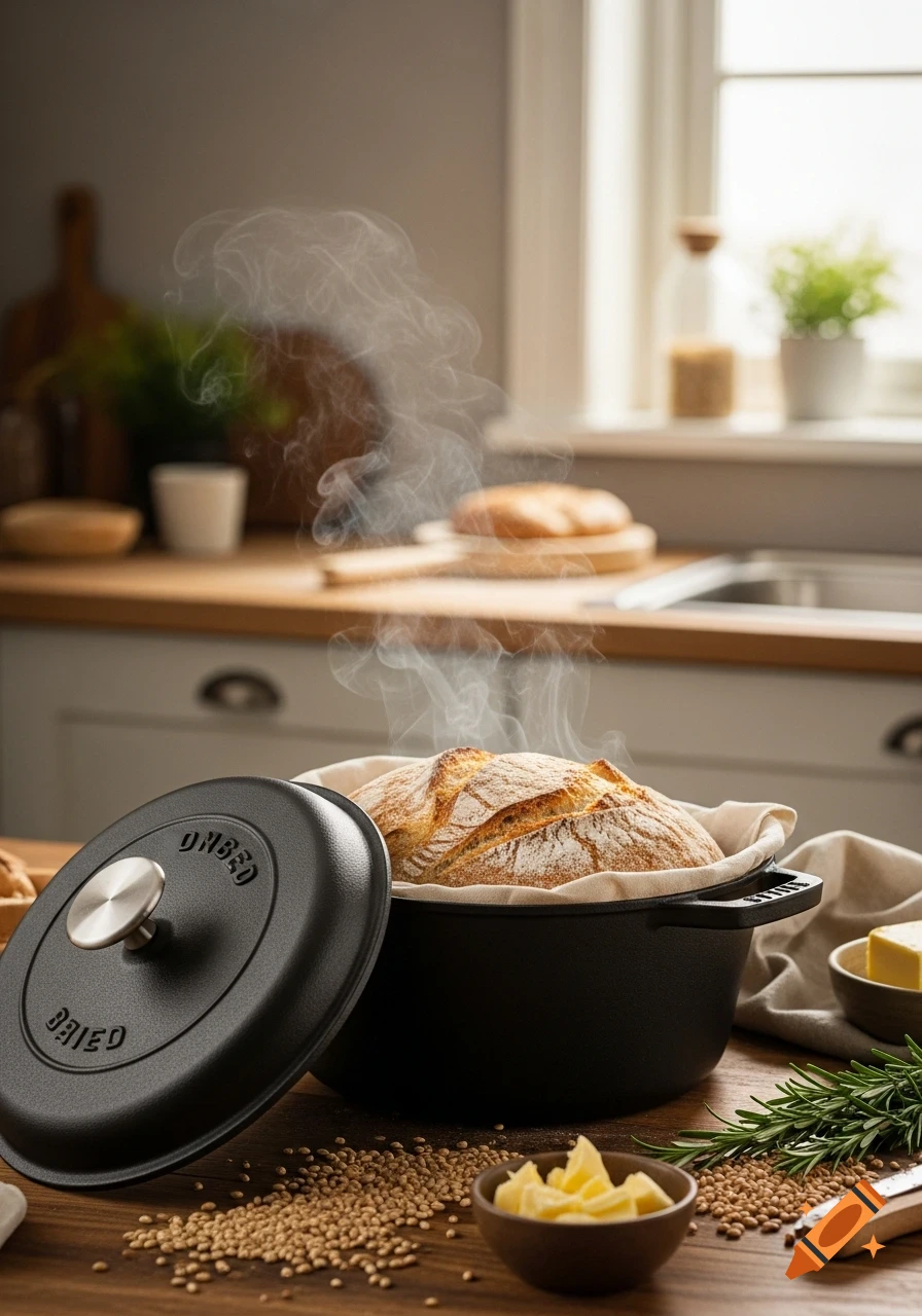 A steaming, freshly baked loaf of bread in a black Dutch oven on a wooden kitchen counter, with grains and butter.