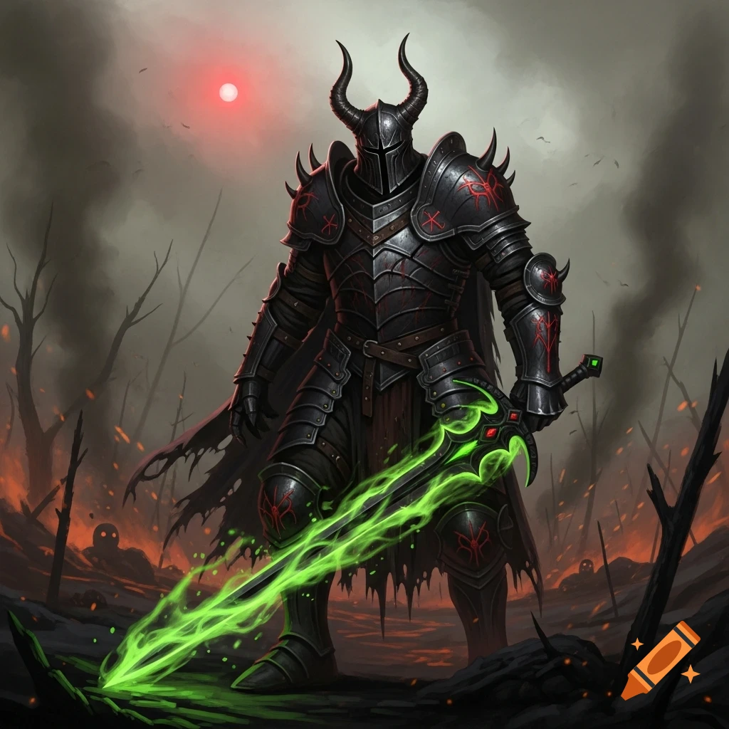 A dark knight in black horned armor with red markings holds a glowing green sword in a burning, desolate landscape under a red sun.