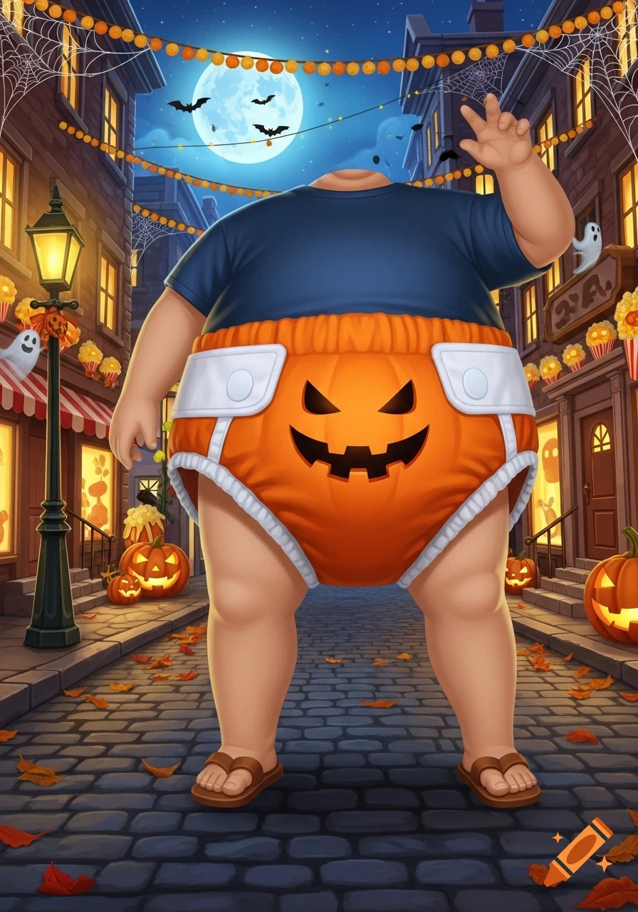 A cartoonish, headless figure in a large orange jack-o-lantern diaper stands in a Halloween-decorated street at night under a full moon.
