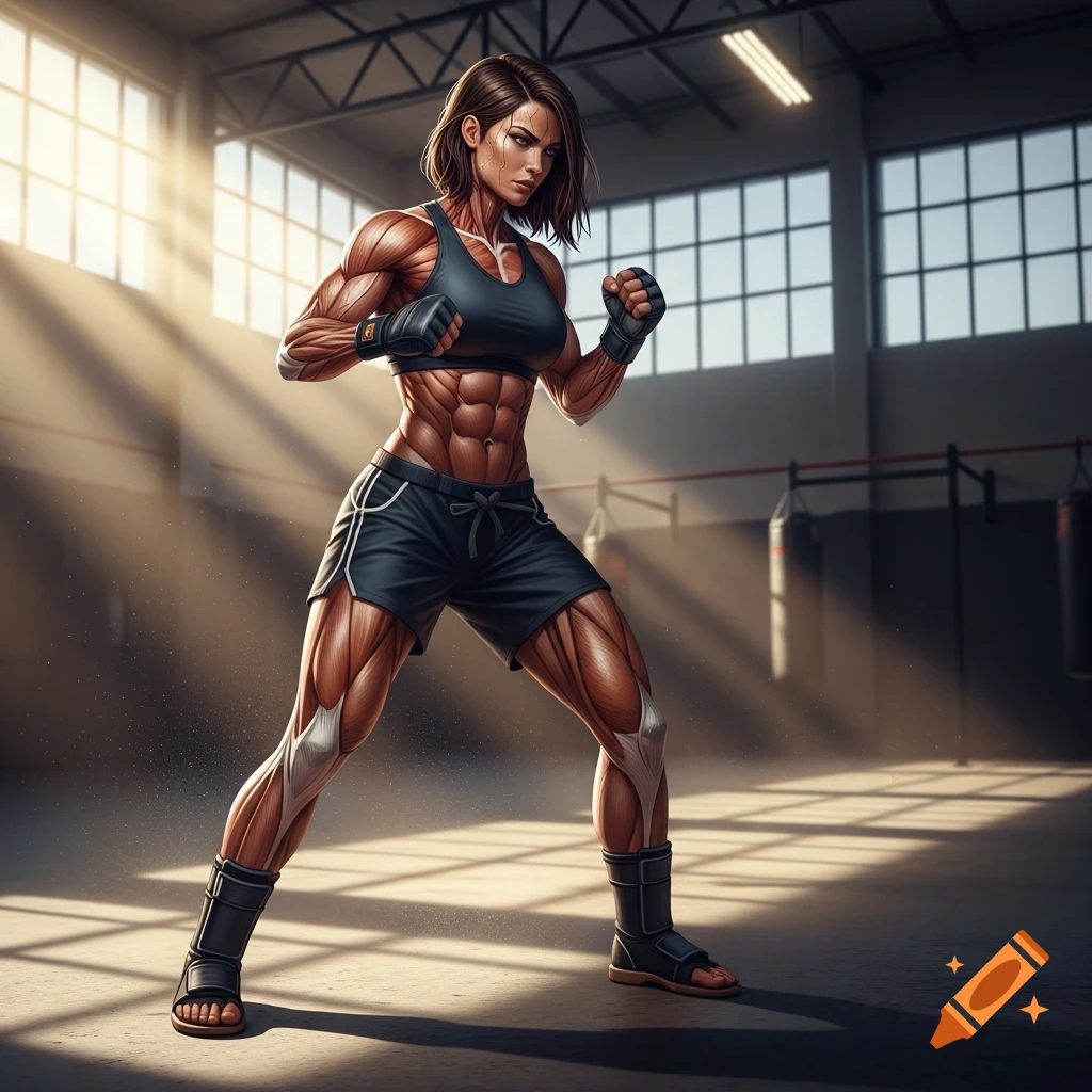 Highly muscular woman in a sports bra and shorts in a fighting stance in a sunlit gym, anime style.