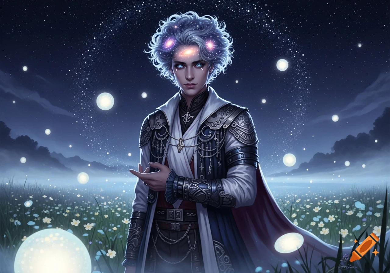 A male fantasy character with cosmic hair and blue eyes, wearing ornate armor and robes, stands in a field of glowing flowers under a starry night sky.