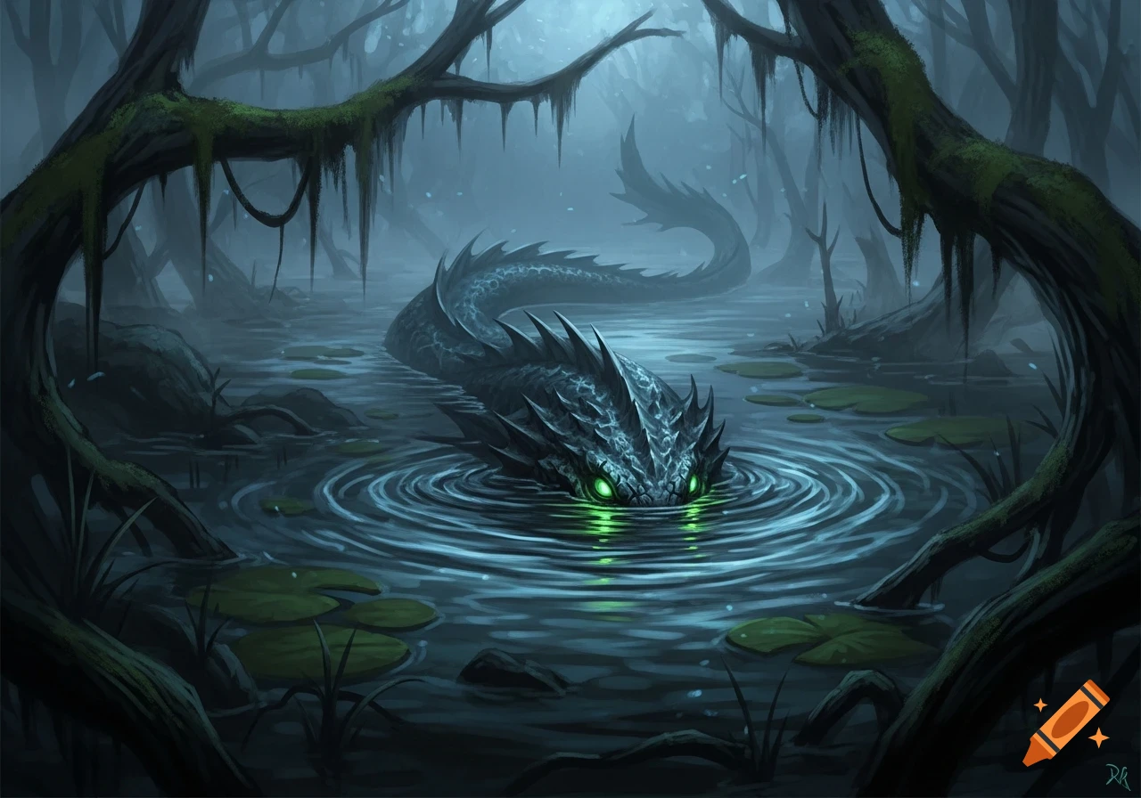 A menacing, dark dragon-like creature with glowing green eyes lurks in a foggy, dark swamp framed by mossy trees.