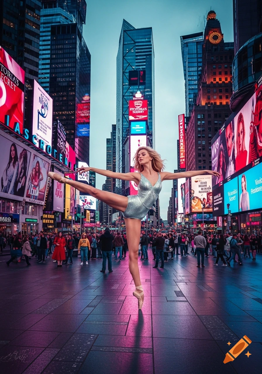 A blonde ballerina in a shimmering leotard poses en pointe with one leg extended in Times Square, surrounded by bright billboards and crowds.
