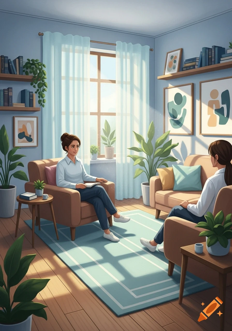 Two women sit in a bright, modern counseling room, one holding a notebook while conversing with the other.