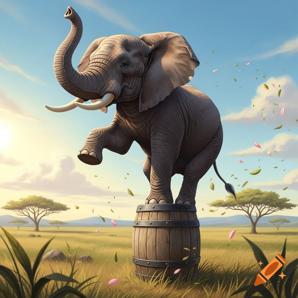 A stylized illustration of an elephant balancing on a wooden barrel in a sunny savanna landscape with flying leaves.