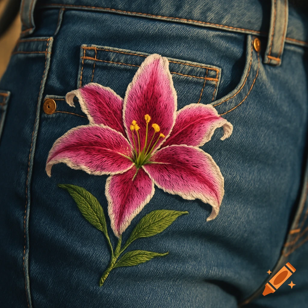 Close-up of a vibrant pink stargazer lily embroidered onto the pocket of blue denim jeans.
