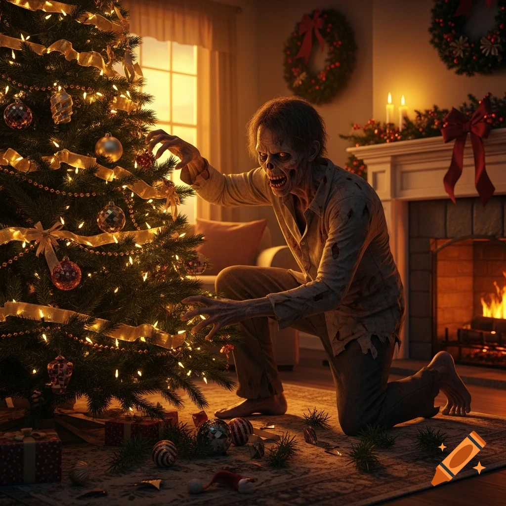 A rotting zombie on its knees, attacking a warmly lit Christmas tree in a living room with a fireplace, photorealistic.