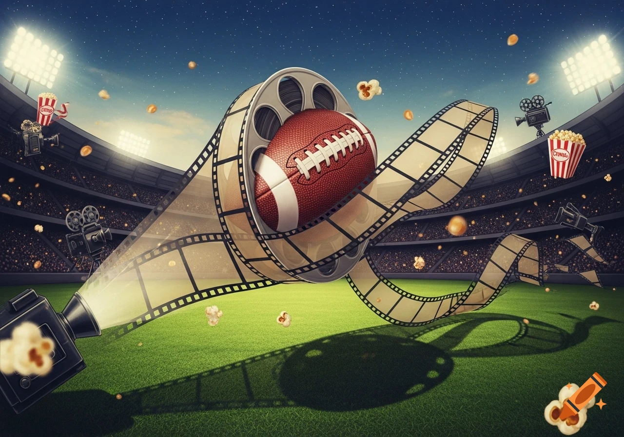 A stylized football stadium scene with a football wrapped in a film reel, movie cameras, and popcorn floating around.