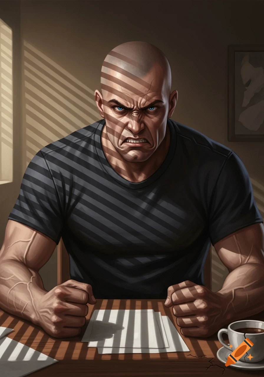 A bald man with piercing blue eyes and a scowling, angry expression sits at a wooden table. Striped shadows from blinds fall across his face and body. Papers and a cracked coffee cup are on the table.