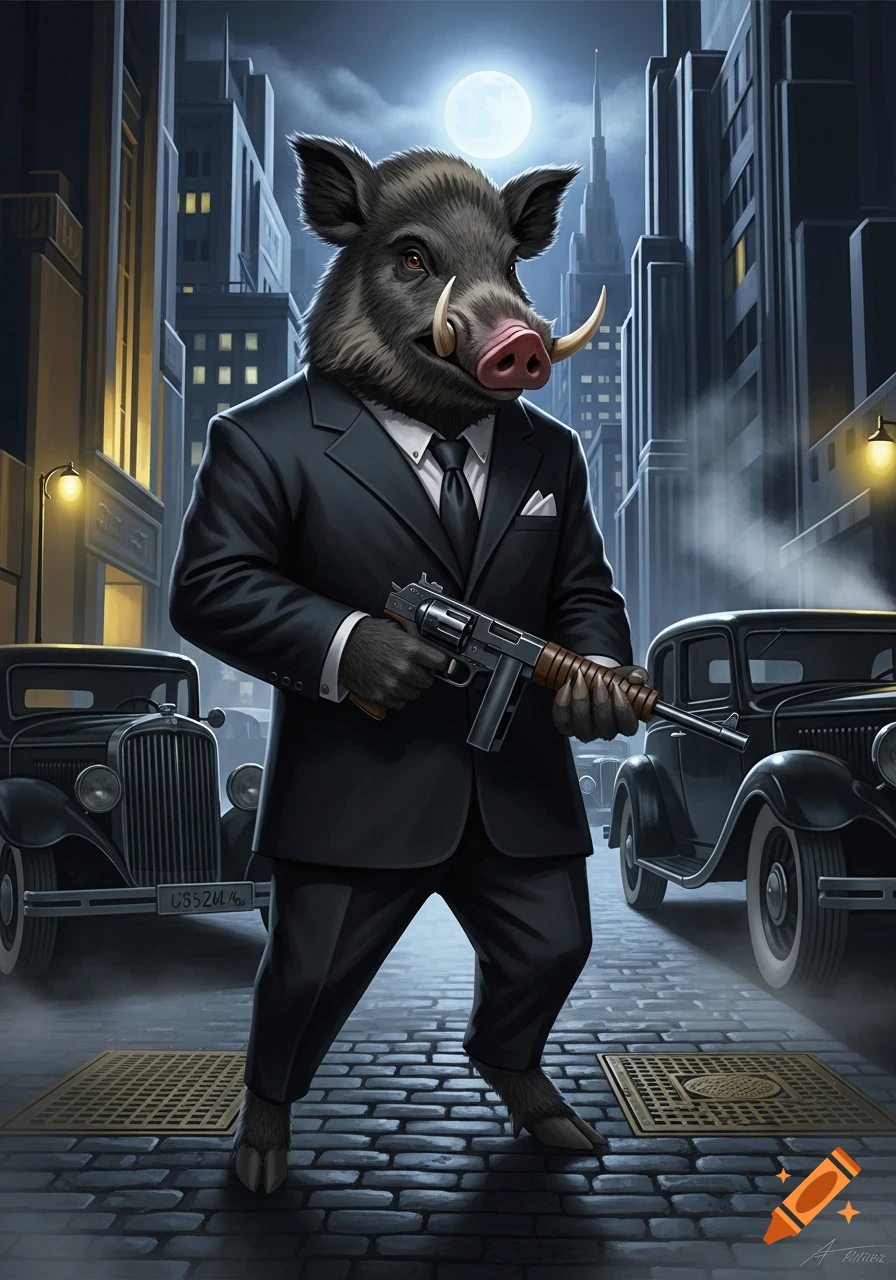 A stylized anthropomorphic boar in a black suit holds a Tommy gun in a foggy city street at night, with classic cars in the background.