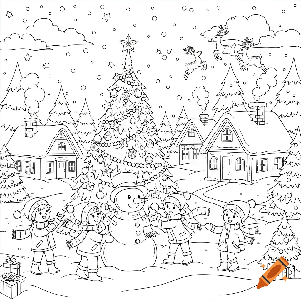 Black and white line art of children building a snowman in a snowy Christmas village with a decorated tree and flying reindeer.