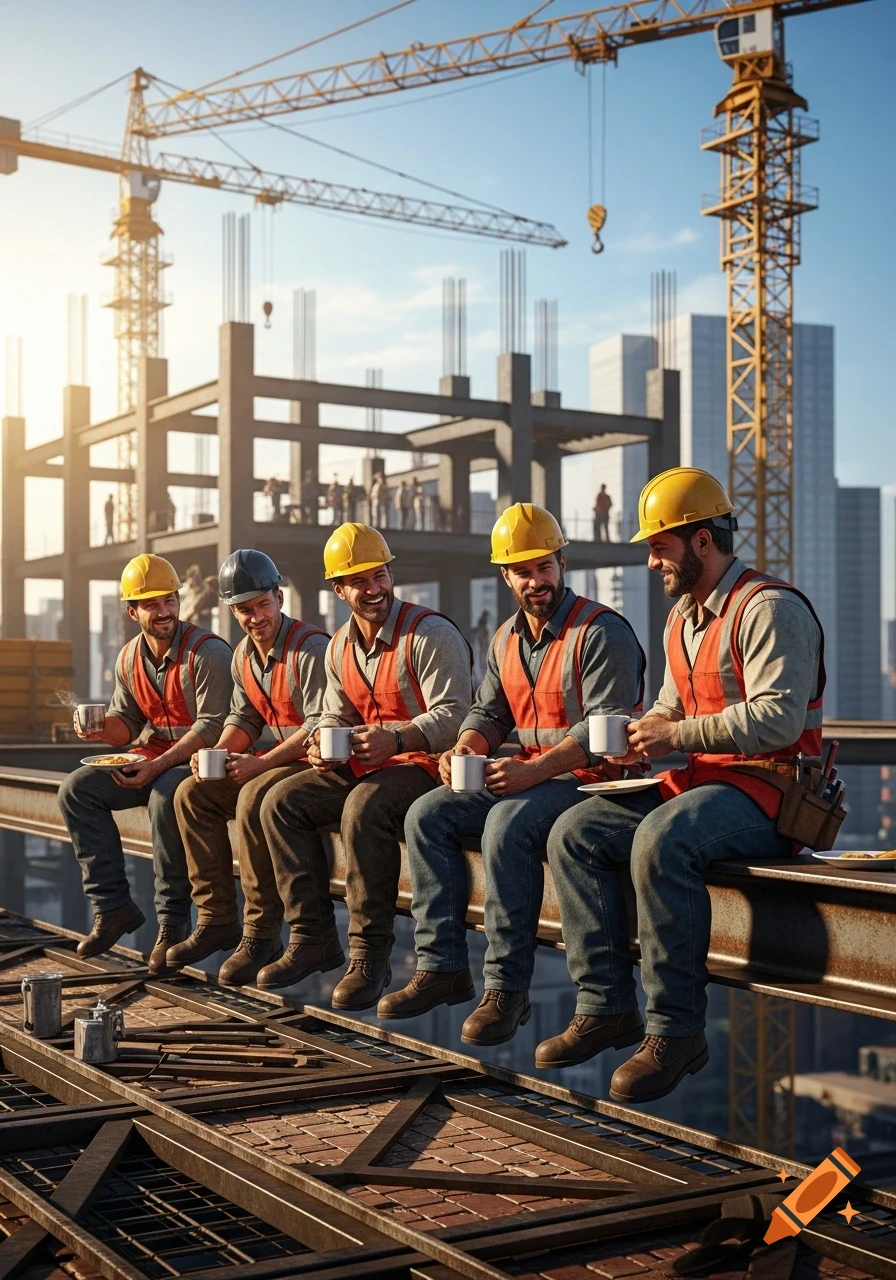 Five smiling construction workers in hard hats and vests on a beam at a construction site, drinking coffee.