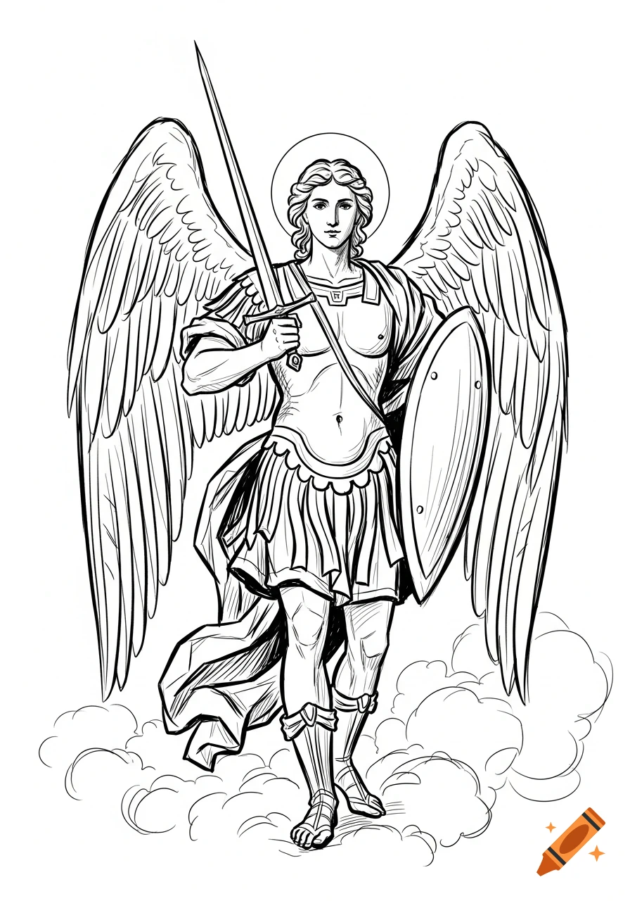 Black and white line art sketch of Archangel Michael with wings, halo, sword, and shield, standing on clouds.