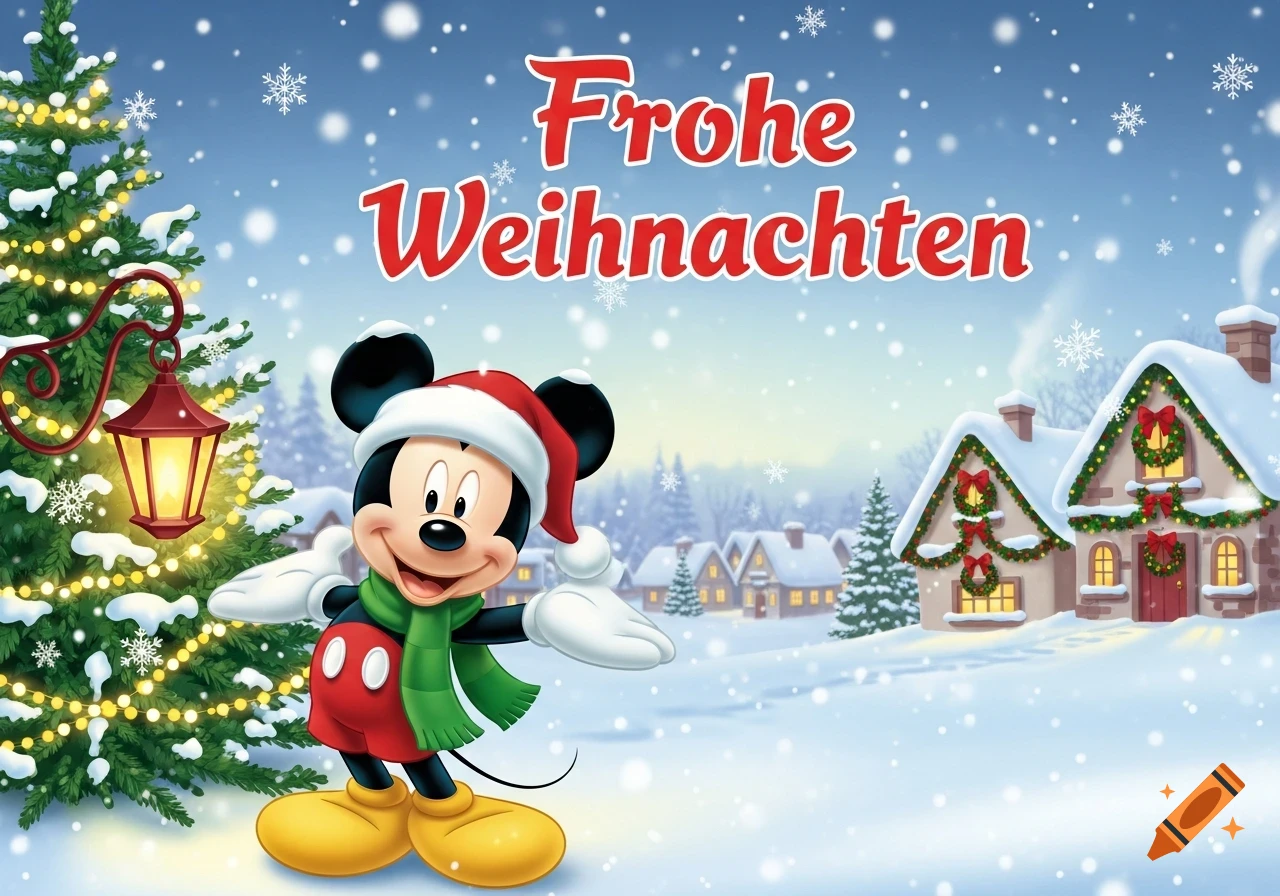 Mickey Mouse in a Santa hat and green scarf stands in a snowy village with a decorated Christmas tree, houses, and 'Frohe Weihnachten' text.