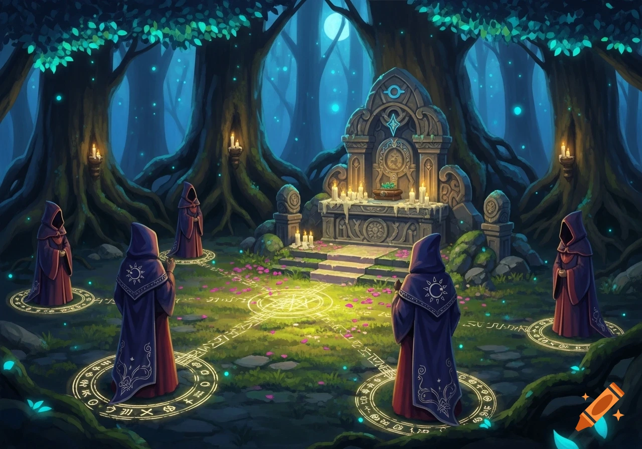 Hooded figures conduct a glowing ritual around a stone altar in an ethereal forest at night, with a full moon visible.