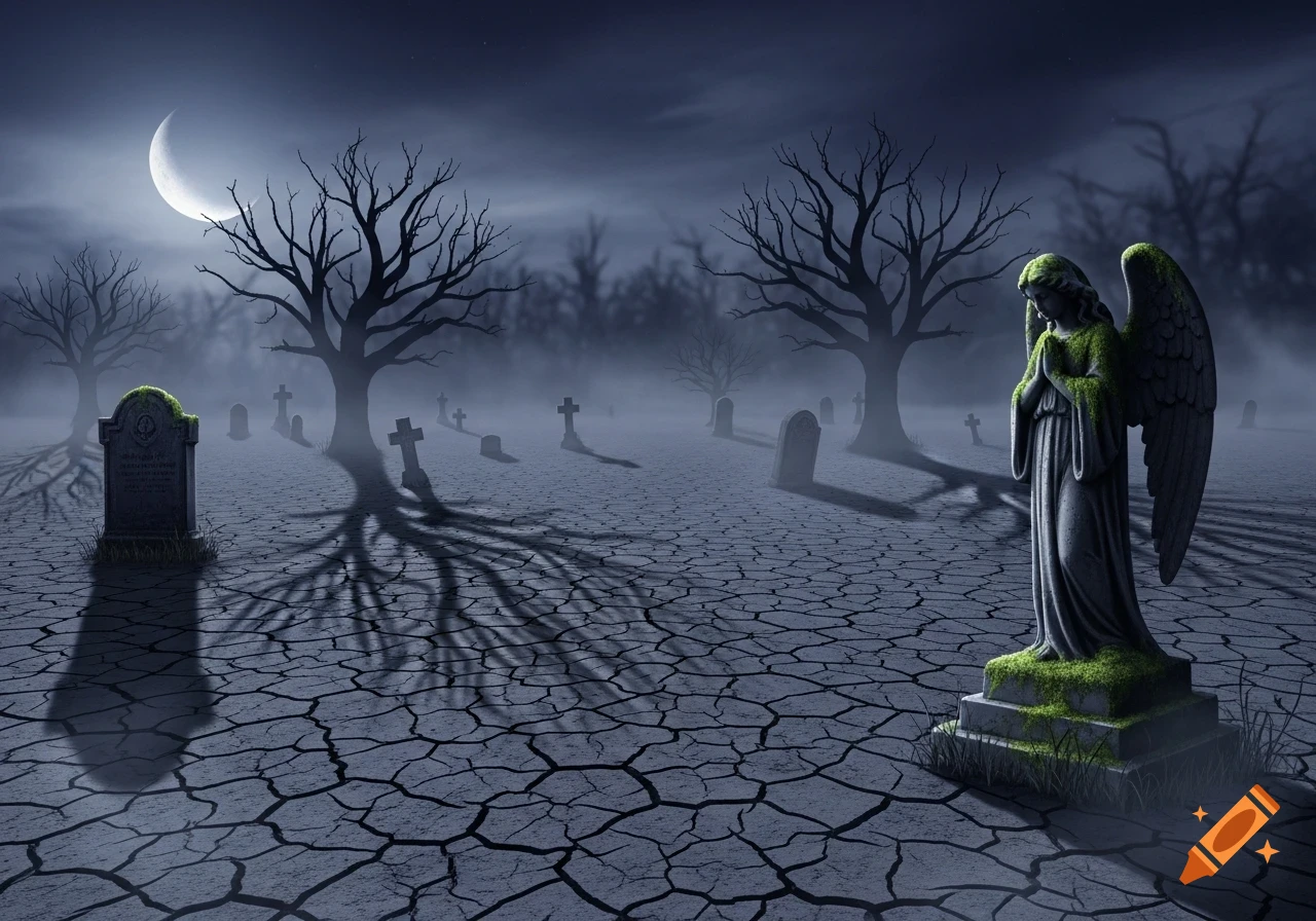 A gothic cemetery at night with an angel statue, gravestones, bare trees, and a crescent moon under a misty sky.