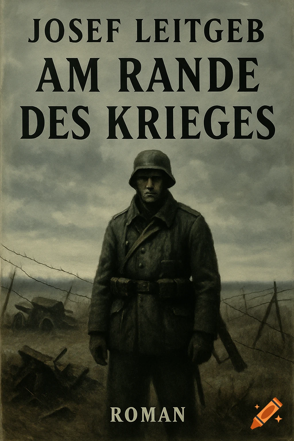 Dark book cover illustration of a World War-era soldier in a desolate, cloudy landscape with barbed wire. Text: JOSEF LEITGEB, AM RANDE DES KRIEGES, ROMAN.