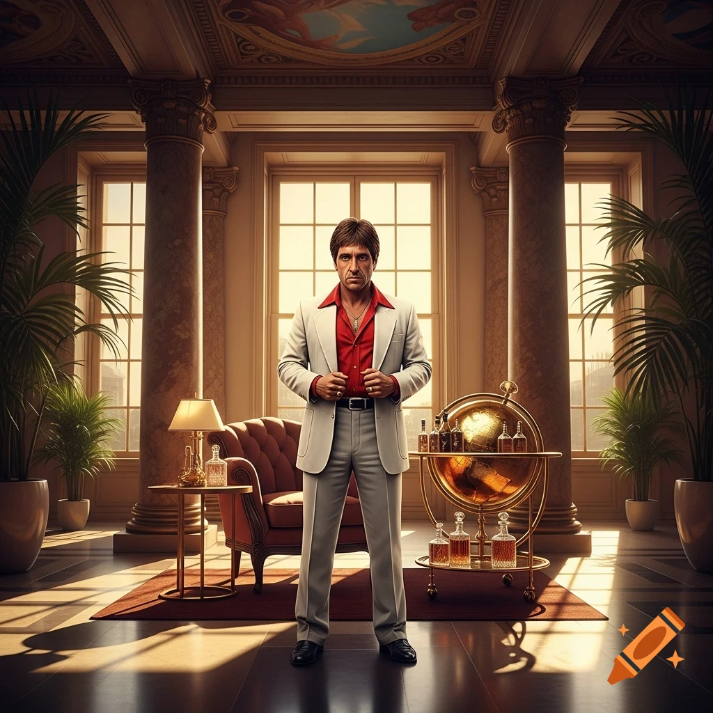 Photorealistic portrait of Tony Montana in a white suit and red shirt, standing in a luxurious, classical room with tall windows.