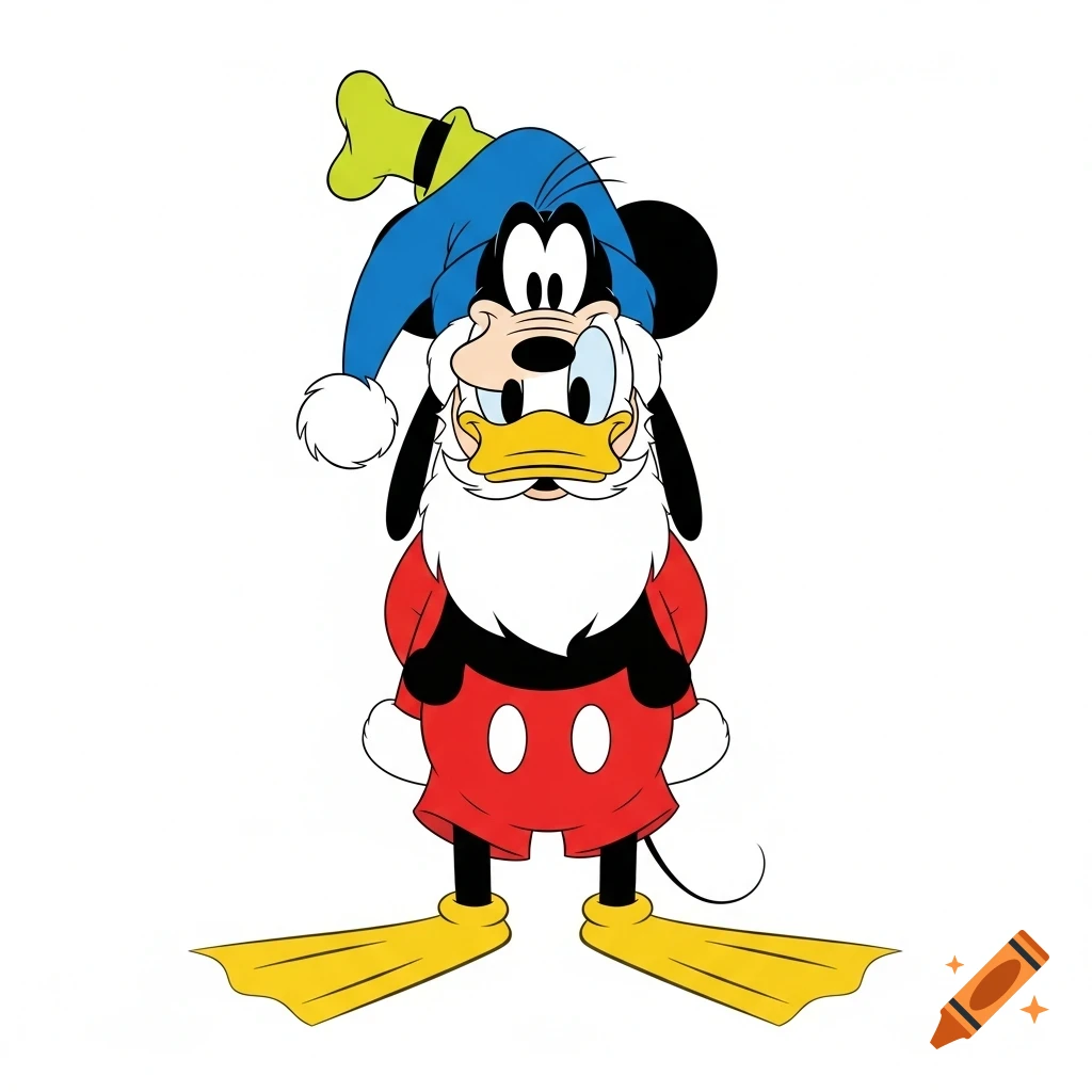 A cartoon hybrid character with a white Santa beard, Goofy's blue hat, Mickey Mouse's red shorts, and Donald Duck's yellow flippers, standing on a white background.