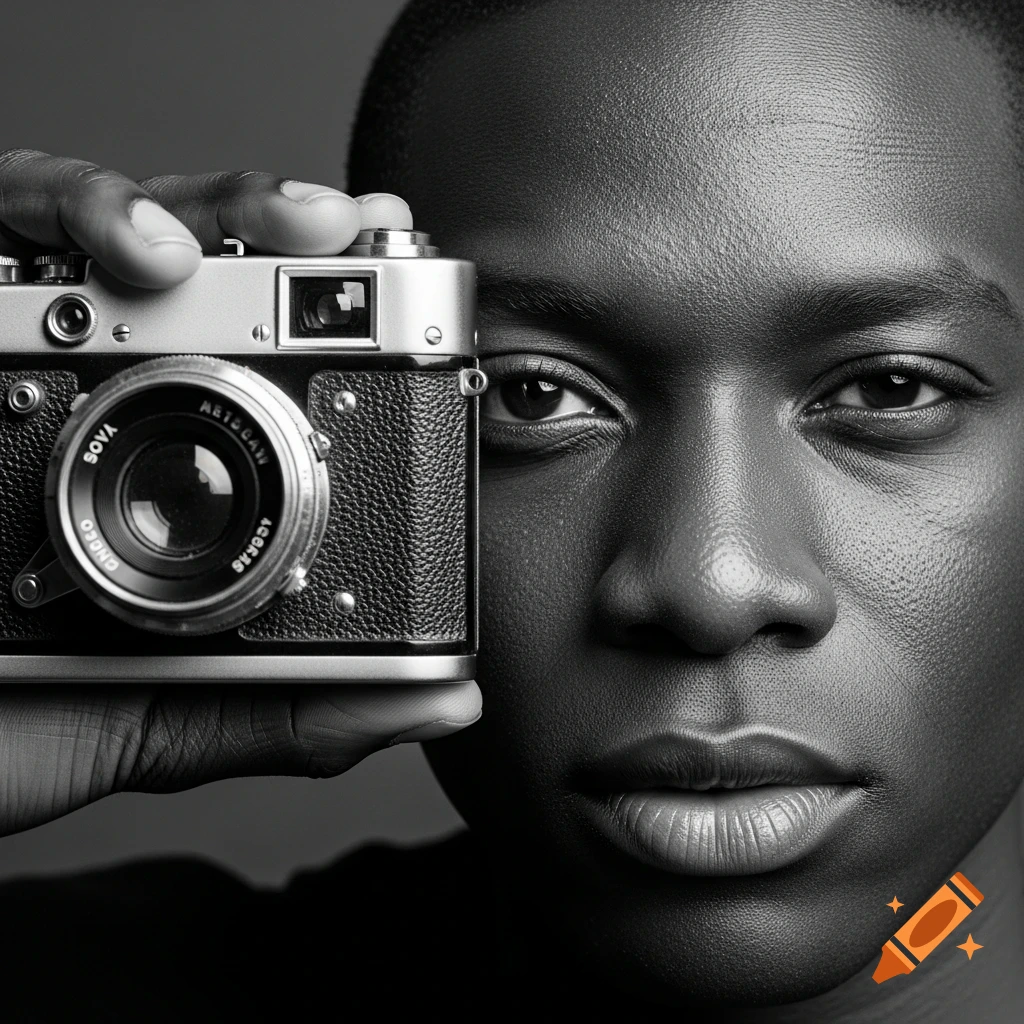 Close-up black and white portrait of a person holding a vintage film camera to their eye, partially obscuring their face.