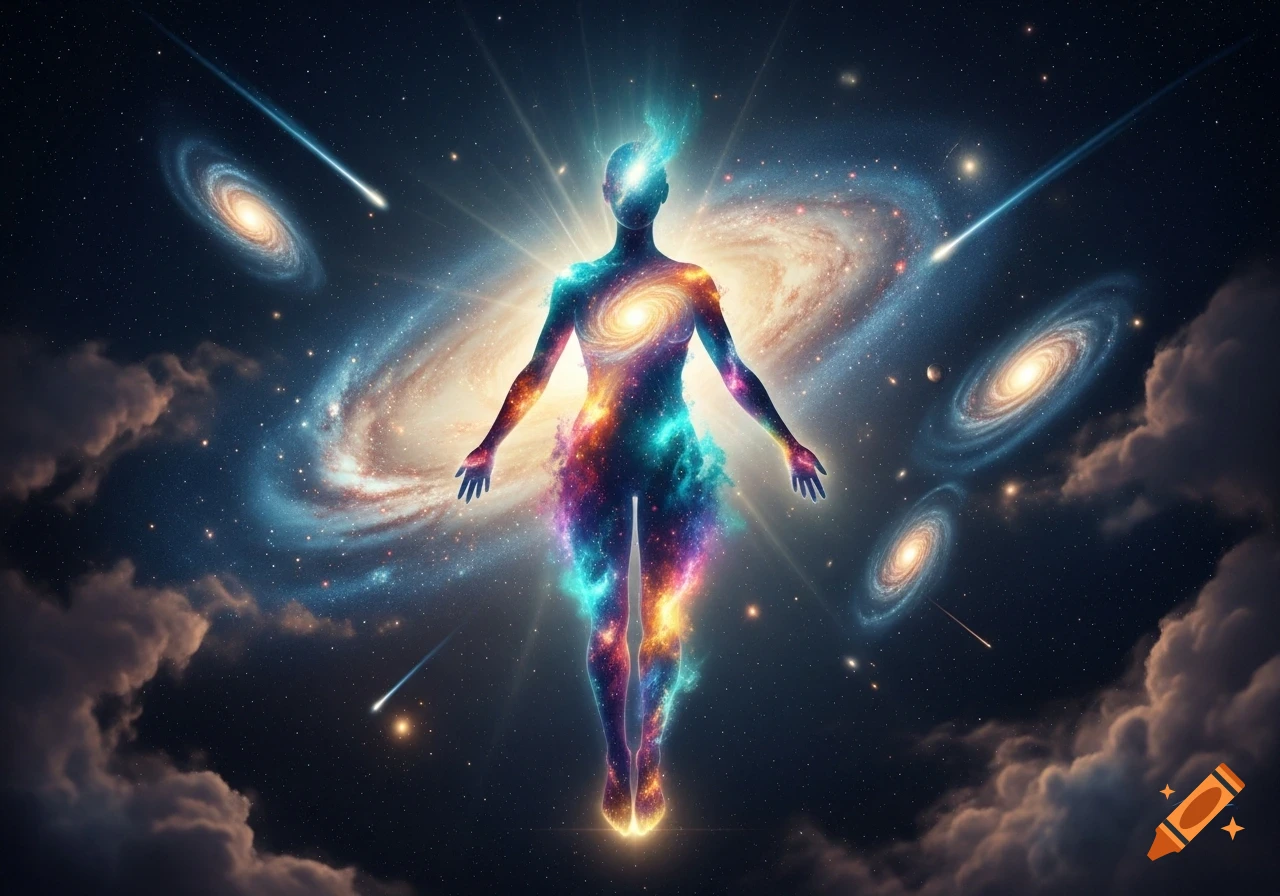 A glowing, rainbow-colored human silhouette filled with galaxies floats ...