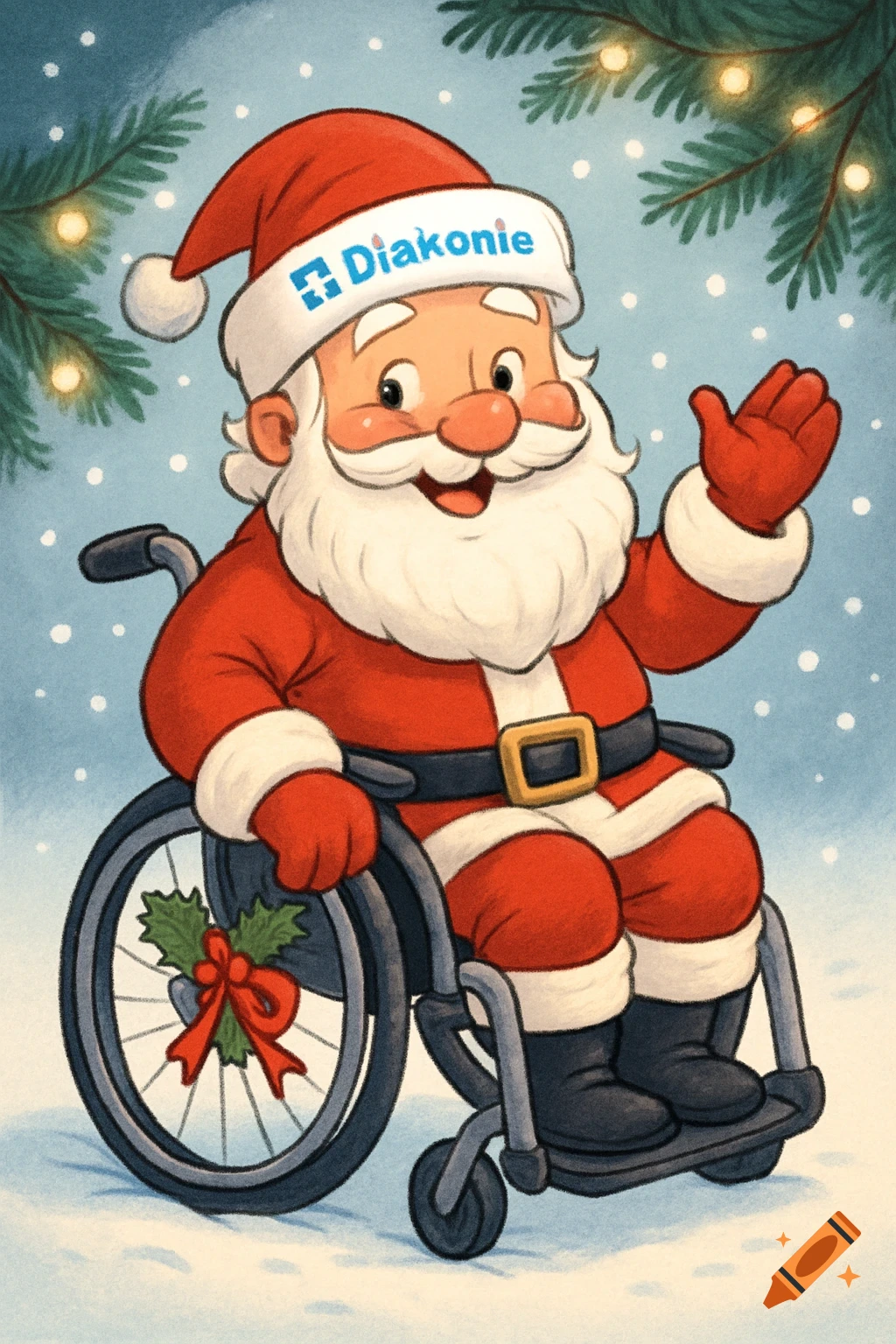 A cheerful cartoon Santa Claus in a wheelchair, wearing a red suit and a hat with the "Diakonie" logo, waves in a snowy winter scene with festive pine branches.