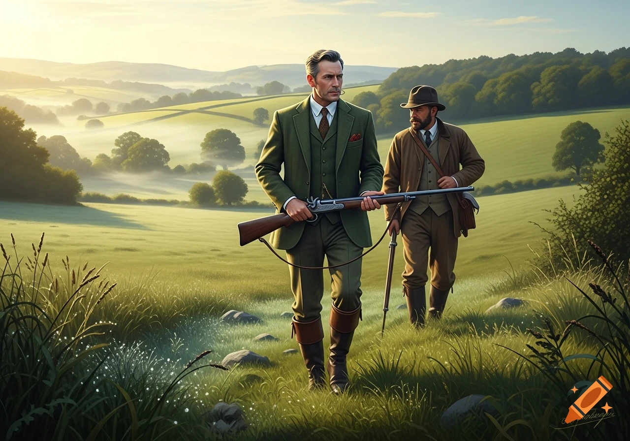 Two photorealistic men in tweed hunting attire walk through a foggy, green rural landscape, carrying rifles.