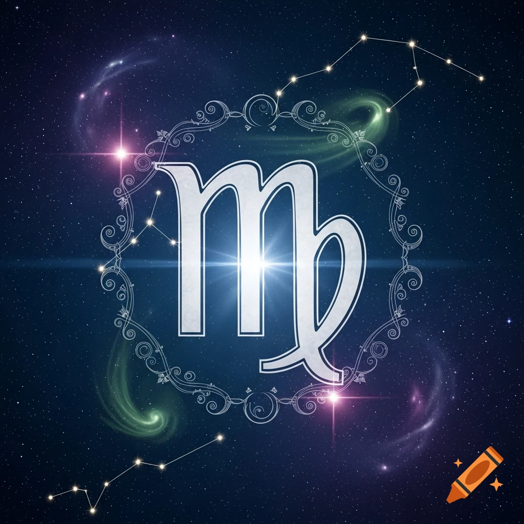 The white Virgo zodiac symbol glows brightly against a dark blue starry night sky with green and purple nebulae.