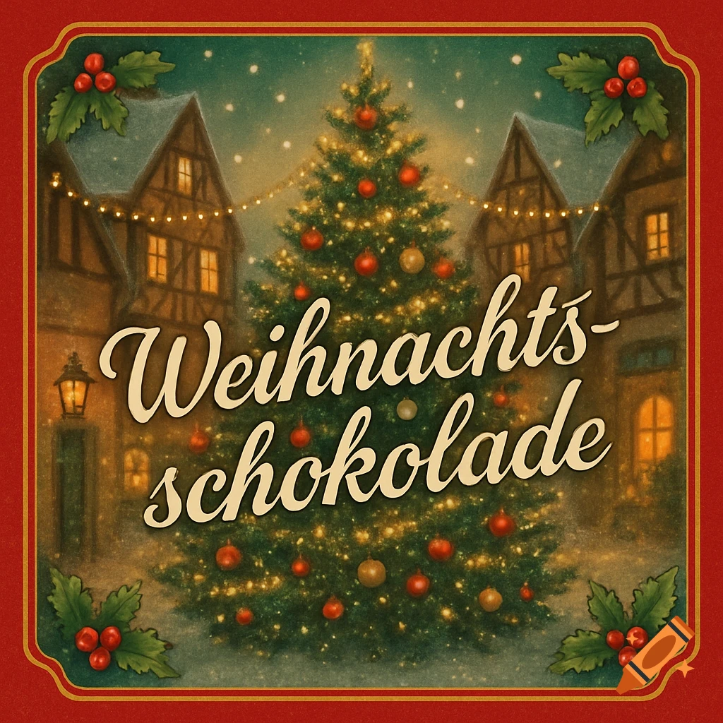 A vintage-style illustration of a snowy Christmas village with a decorated Christmas tree and the text 'Weihnachtsschokolade'.