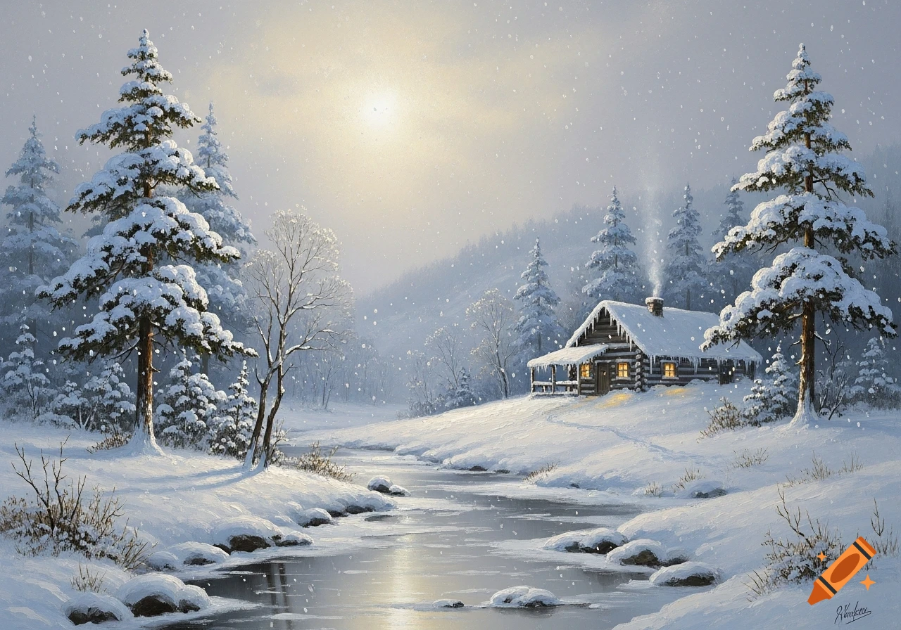 A cozy log cabin with glowing windows sits in a snowy winter landscape beside a partially frozen river, surrounded by snow-laden pine trees under a hazy sky.