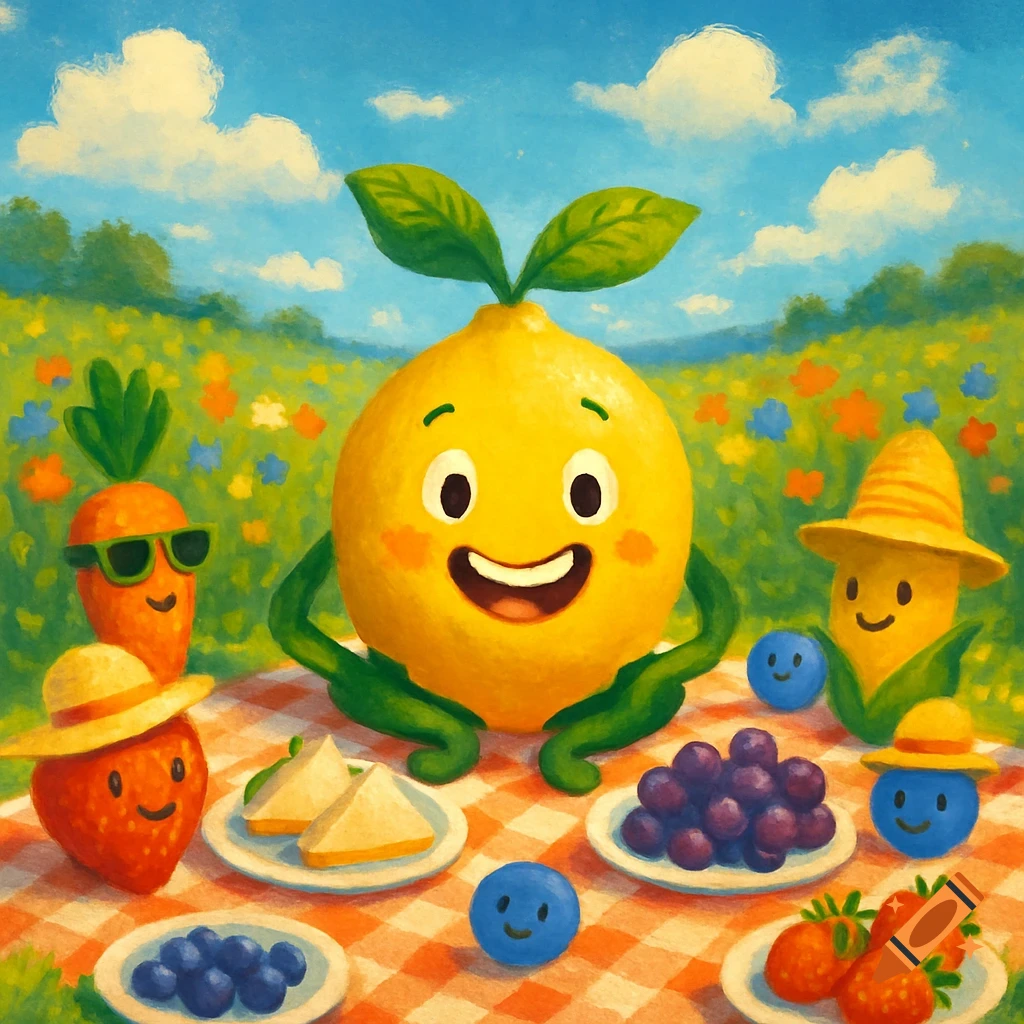 A cheerful cartoon lemon, carrot, strawberry, corn, and blueberries have a picnic on a checkered blanket in a sunny, flowery field.