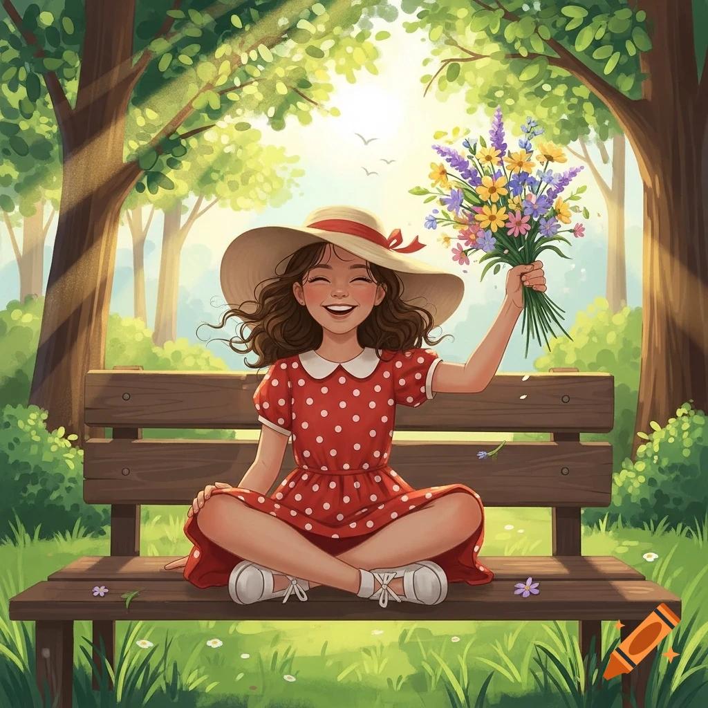 Happy girl in a red polka dot dress and sun hat sits on a bench in a sunny park, holding wildflowers. Illustration.