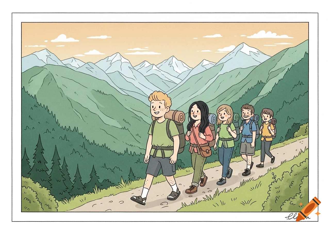 Five smiling cartoon friends with backpacks hike a mountain path, surrounded by green hills and snow-capped peaks under a warm sky.