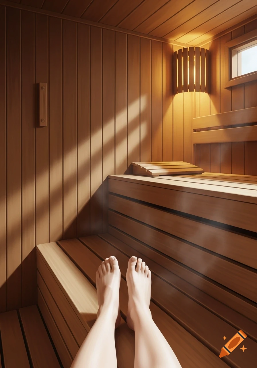 POV shot of a person's feet relaxing on a wooden bench in a warm sauna, with light rays streaming in and steam rising.