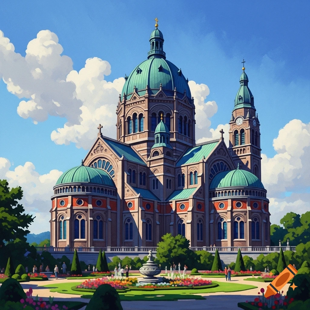Grand basilica with green domes and towers, surrounded by lush gardens and a fountain, under a cloudy blue sky, in a vibrant gouache illustration style.