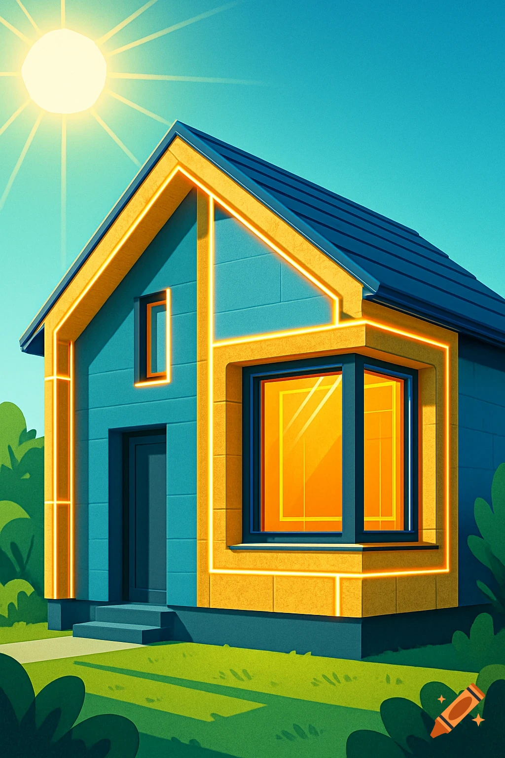 An illustration of a blue house with glowing yellow lines, a dark roof, and a bright sun in a clear blue sky, with green grass.